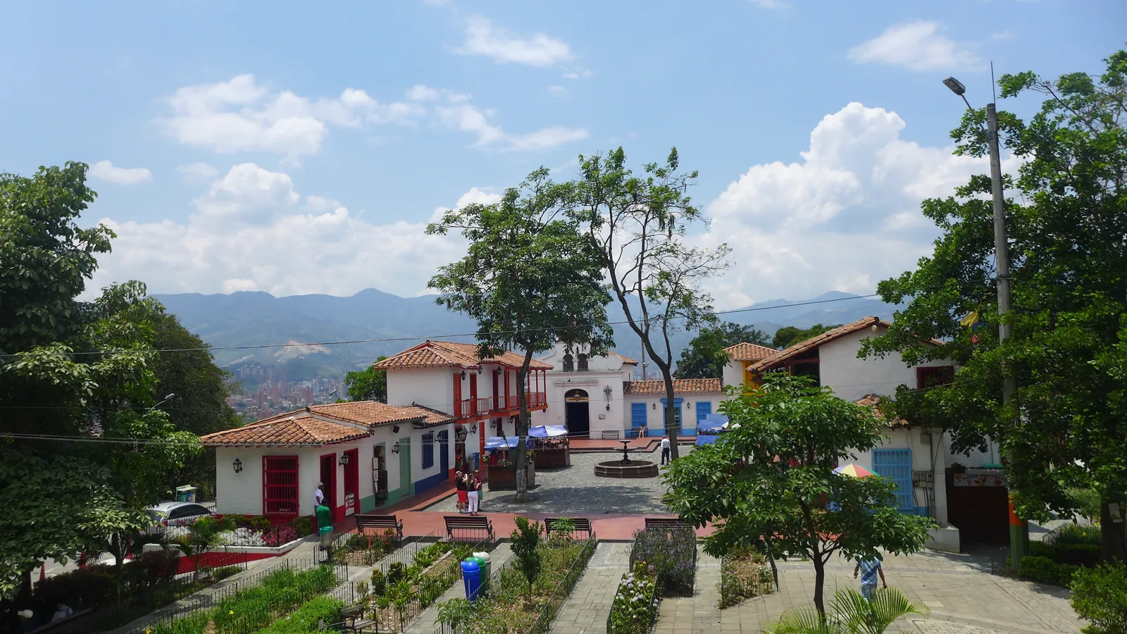 Pueblito Paisa, a replica Antioquian village on Cerro Nutibara, Medellín, under a blue sky